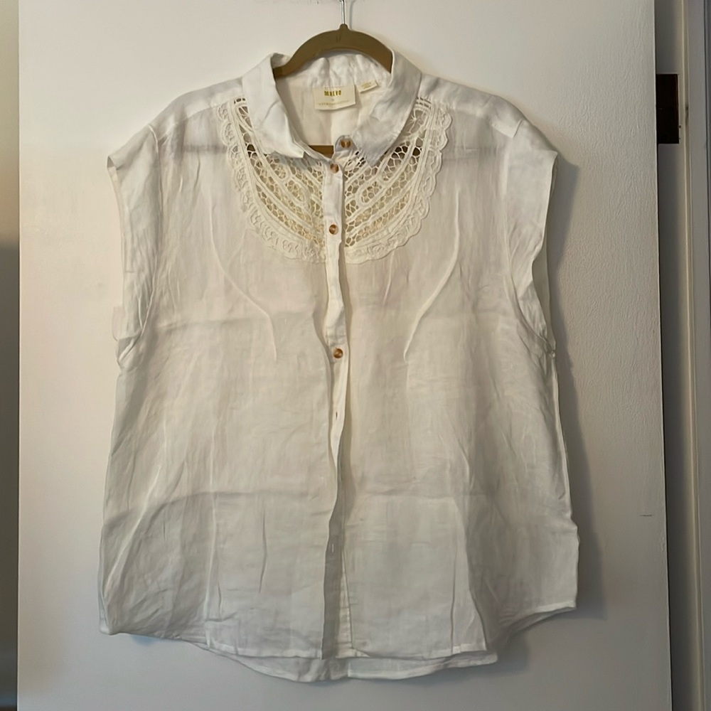 NWT Maeve 100% Linen White Button Down Cap Sleeve Blouse with Lace Detail Large